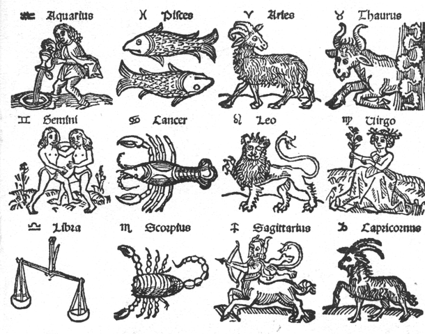 Woodcut illustations of the twelve zodiacs, includes name, symbol, and illustration of their depictions.