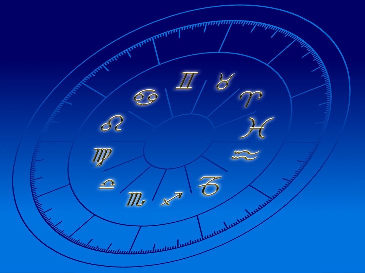 A black outlined glyph against a blue background with each sign of the zodiac in an individual section around the center of the glyph.