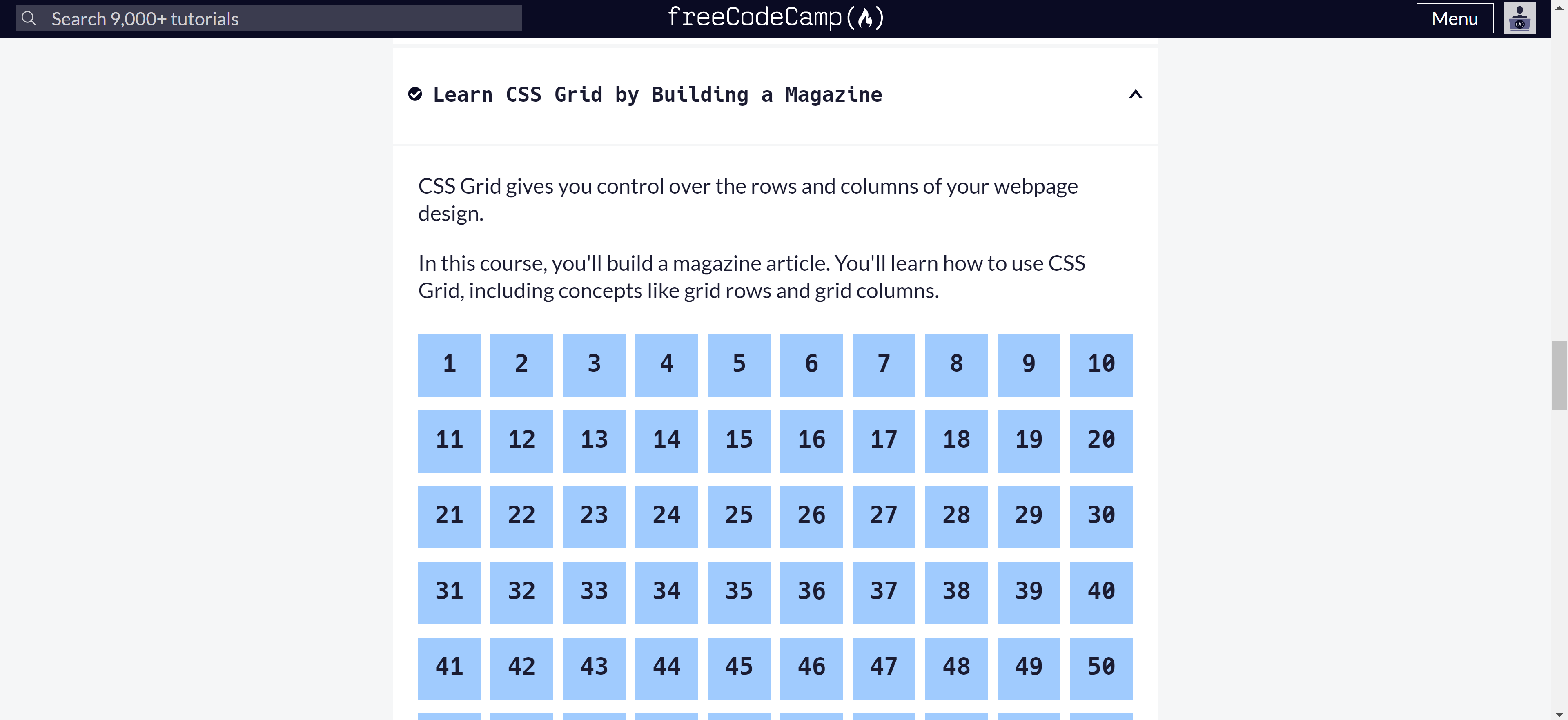 Completed FreeCodeCamp tutorial for creating a magazine using grids, first half since it was too large