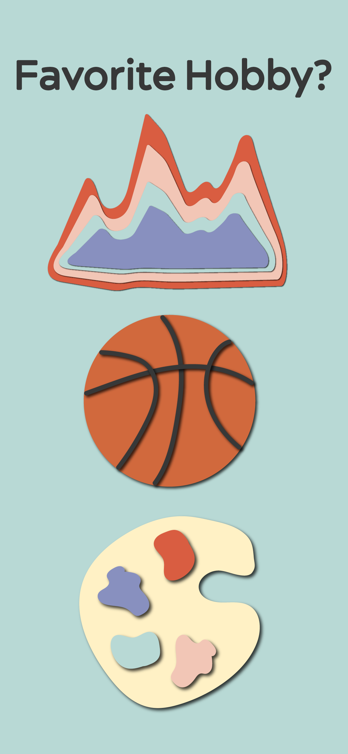 a mountain, basketball, and painting palette