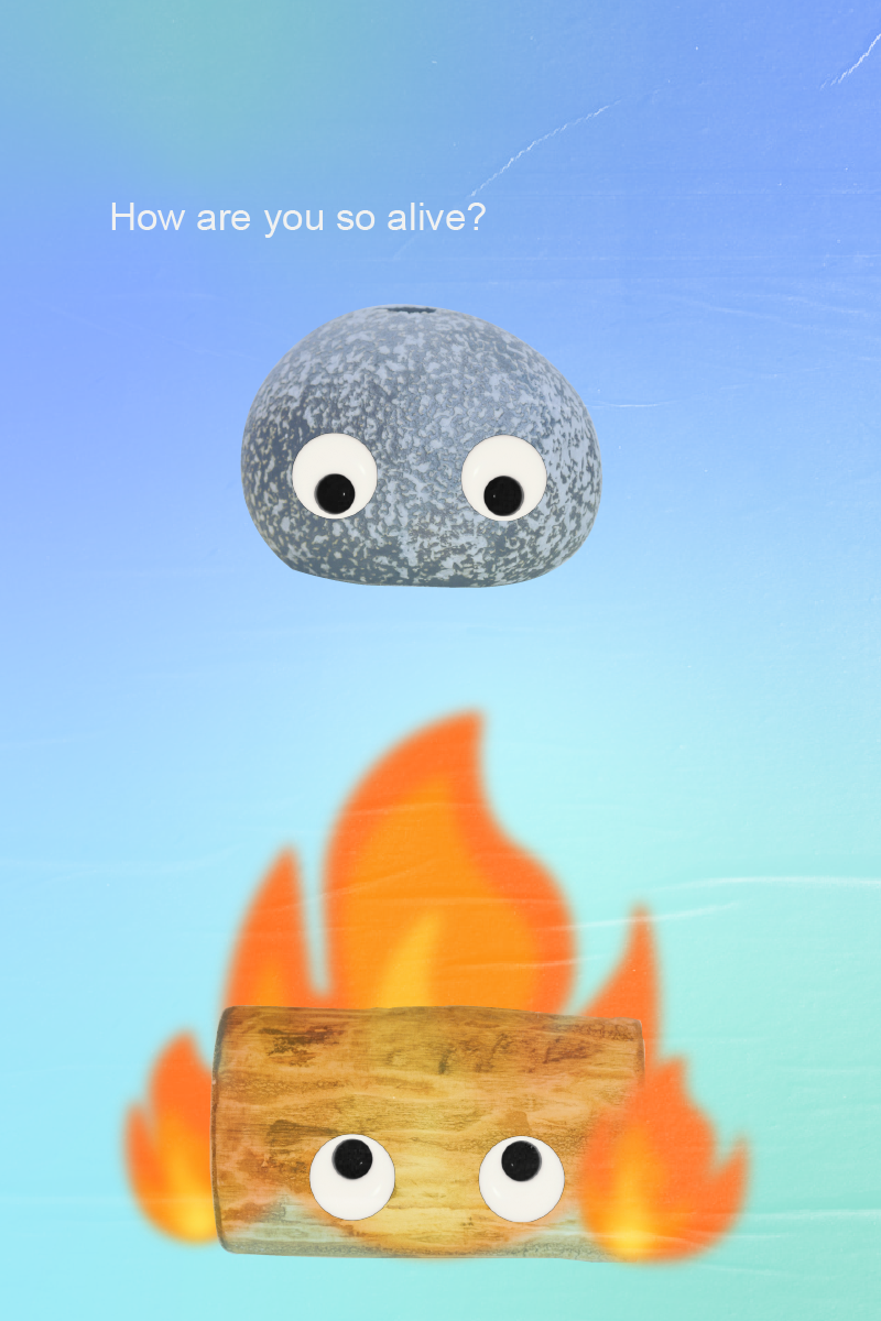 a rock and tree trunk with eyeballs