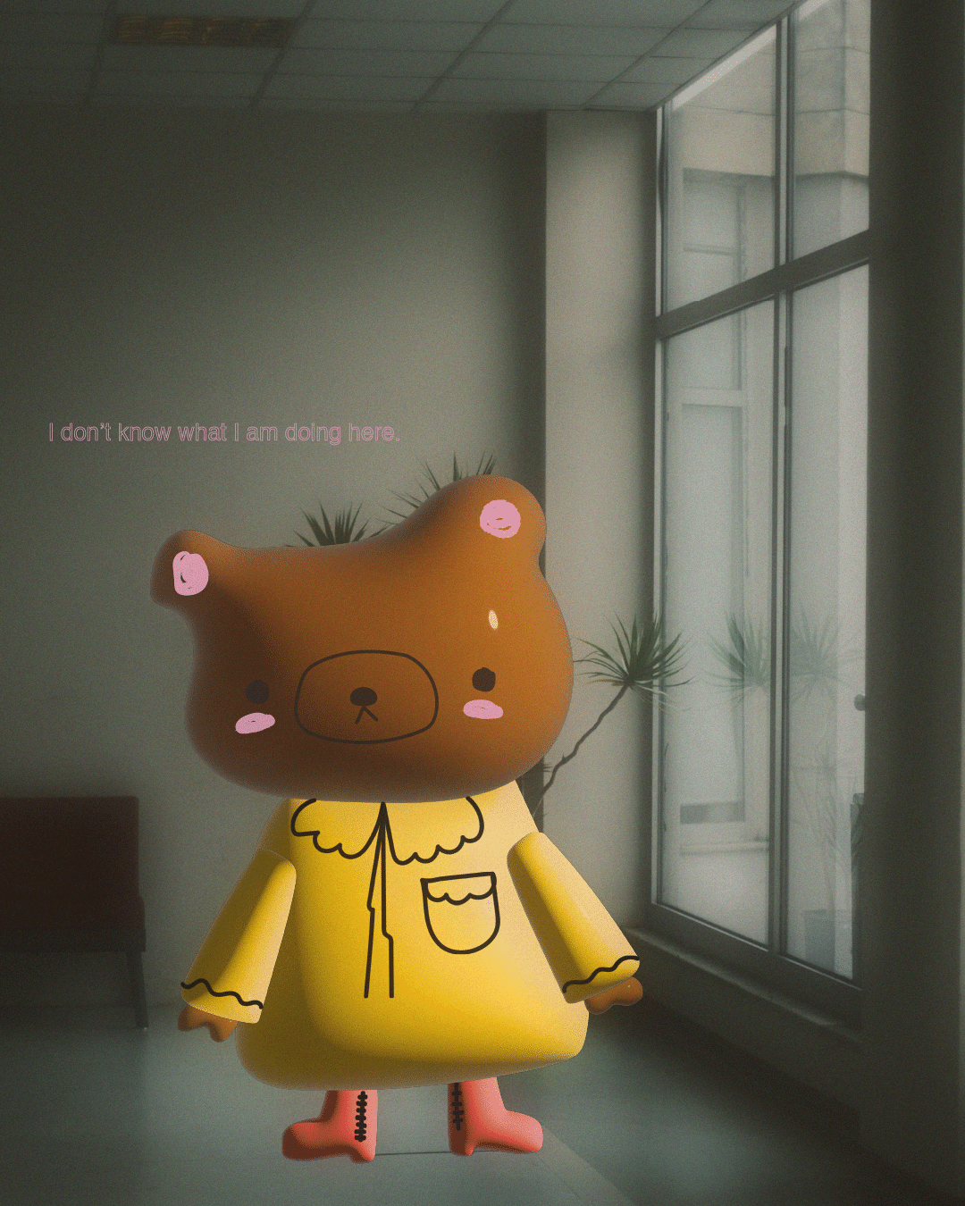 bear character wearing a yellow rain coat