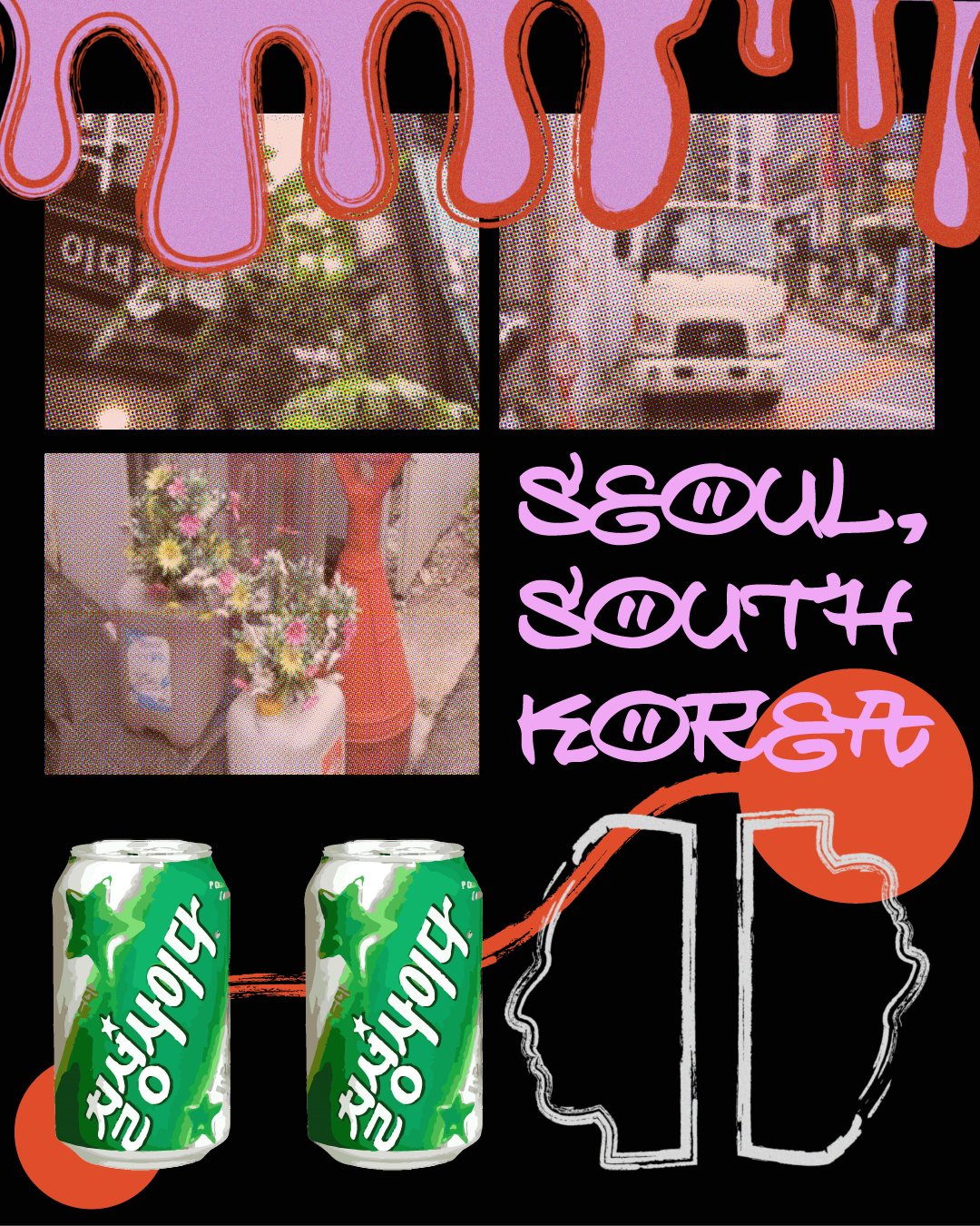 a collage with soda cans, plants, and pink details