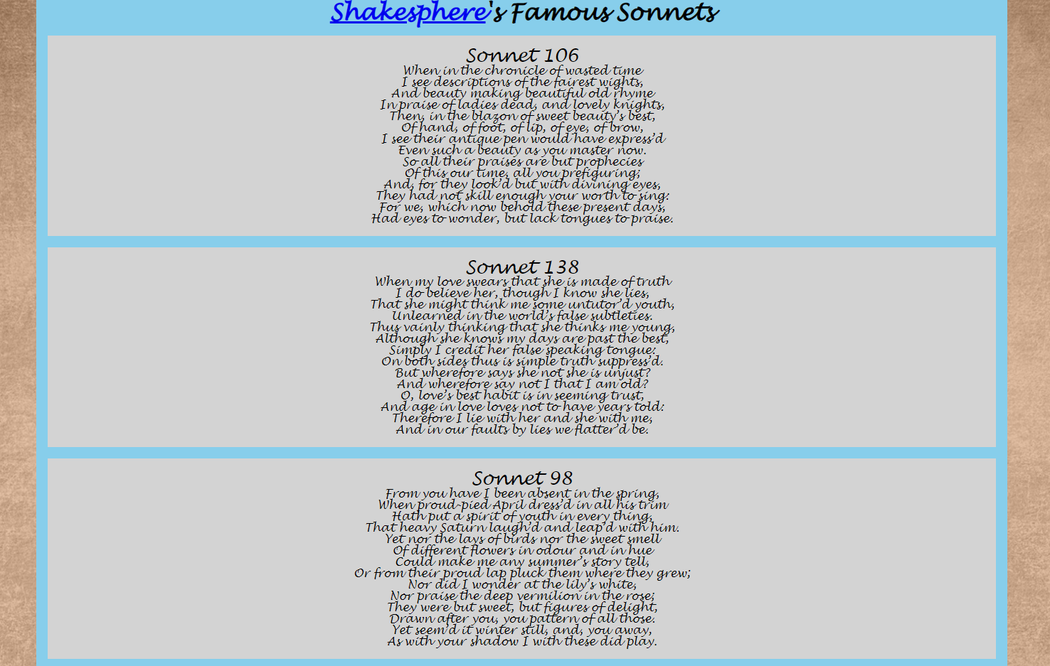 A screenshot of the sonnets site.