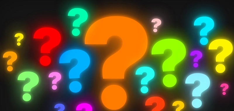 A collection of glowing, multicolored question marks on a dark background, with a large orange question mark in the center, symbolizing curiosity or uncertainty.