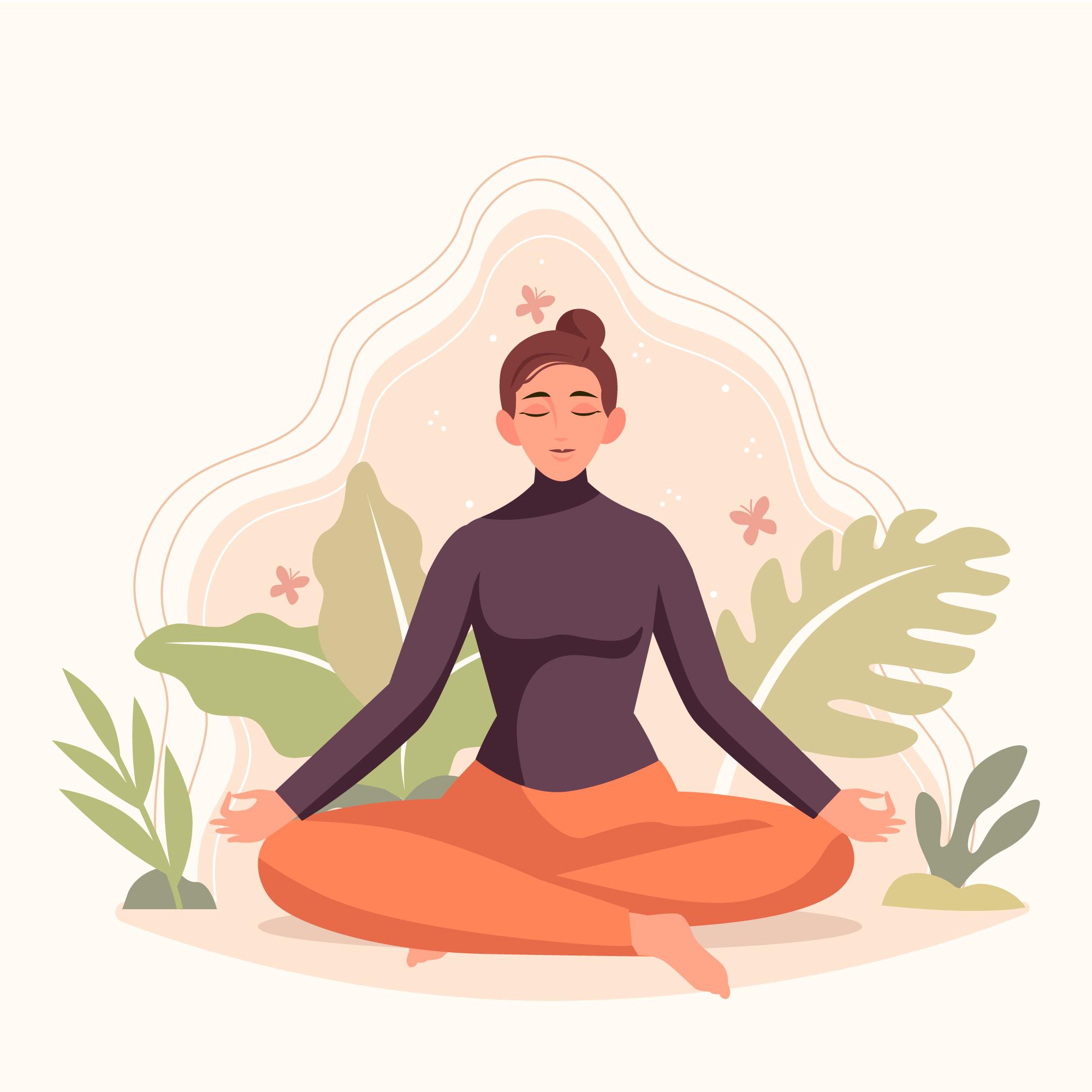 Illustration of a woman meditating in a seated position with her legs crossed and eyes closed, surrounded by large tropical leaves and soft abstract shapes, evoking calm and mindfulness.