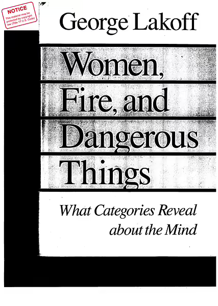Book cover for Women, Fire, and Dangerous Things by George Lakoff, subtitled “What Categories Reveal about the Mind,” featuring bold black-and-white typography and a library notice stamp.