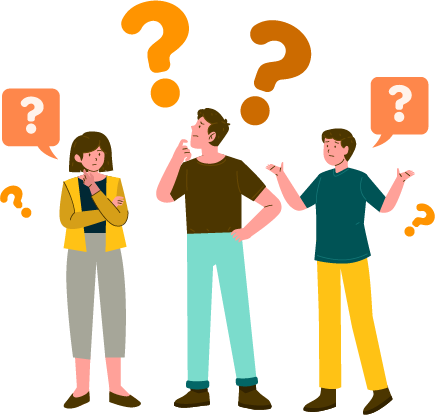 Three cartoon-style people stand surrounded by large question marks, each appearing confused or deep in thought, suggesting uncertainty or discussion.