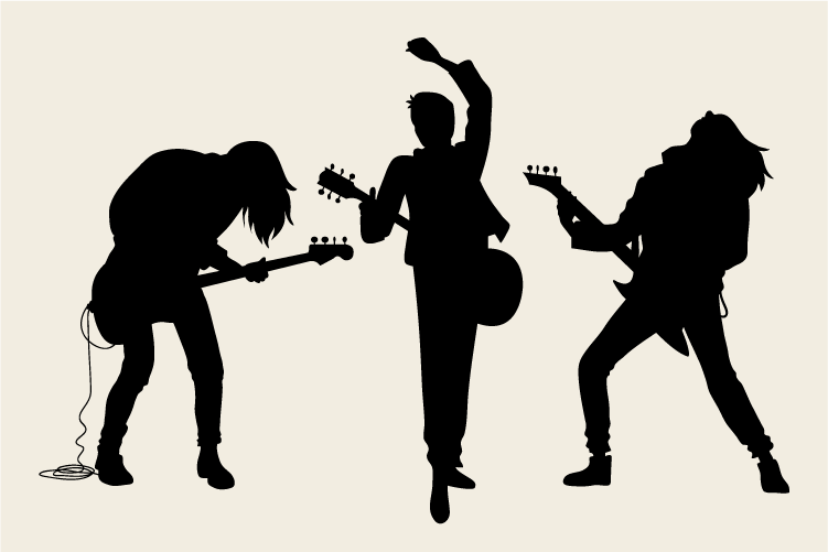 Silhouettes of three rock musicians playing electric guitars, striking energetic poses as if performing on stage.