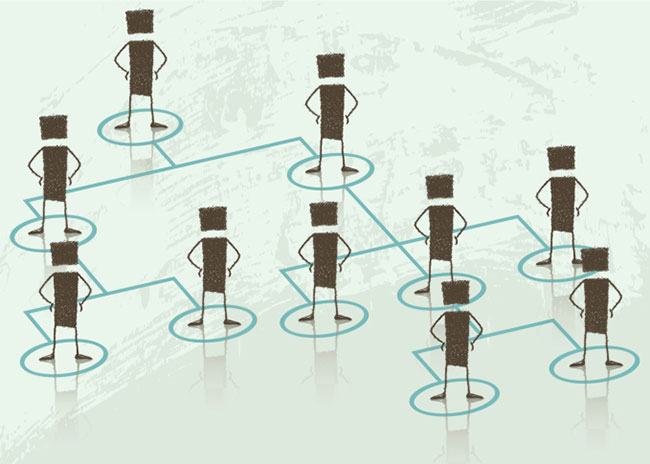 Stylized illustration of a hierarchical tree diagram made of stick-figure people with rectangular heads, each standing in a circle and connected by lines to represent organizational or relational structure.