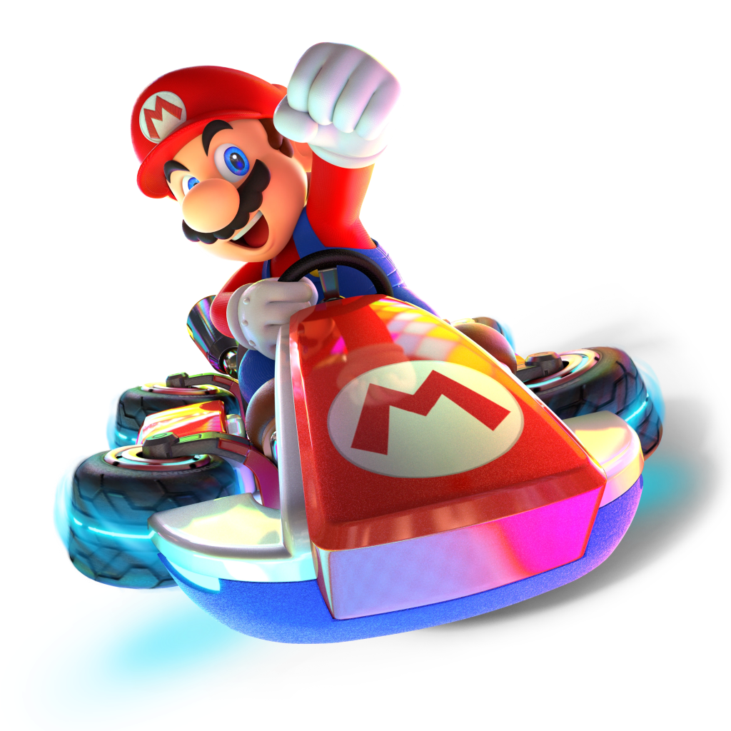 Mario riding in a kart.