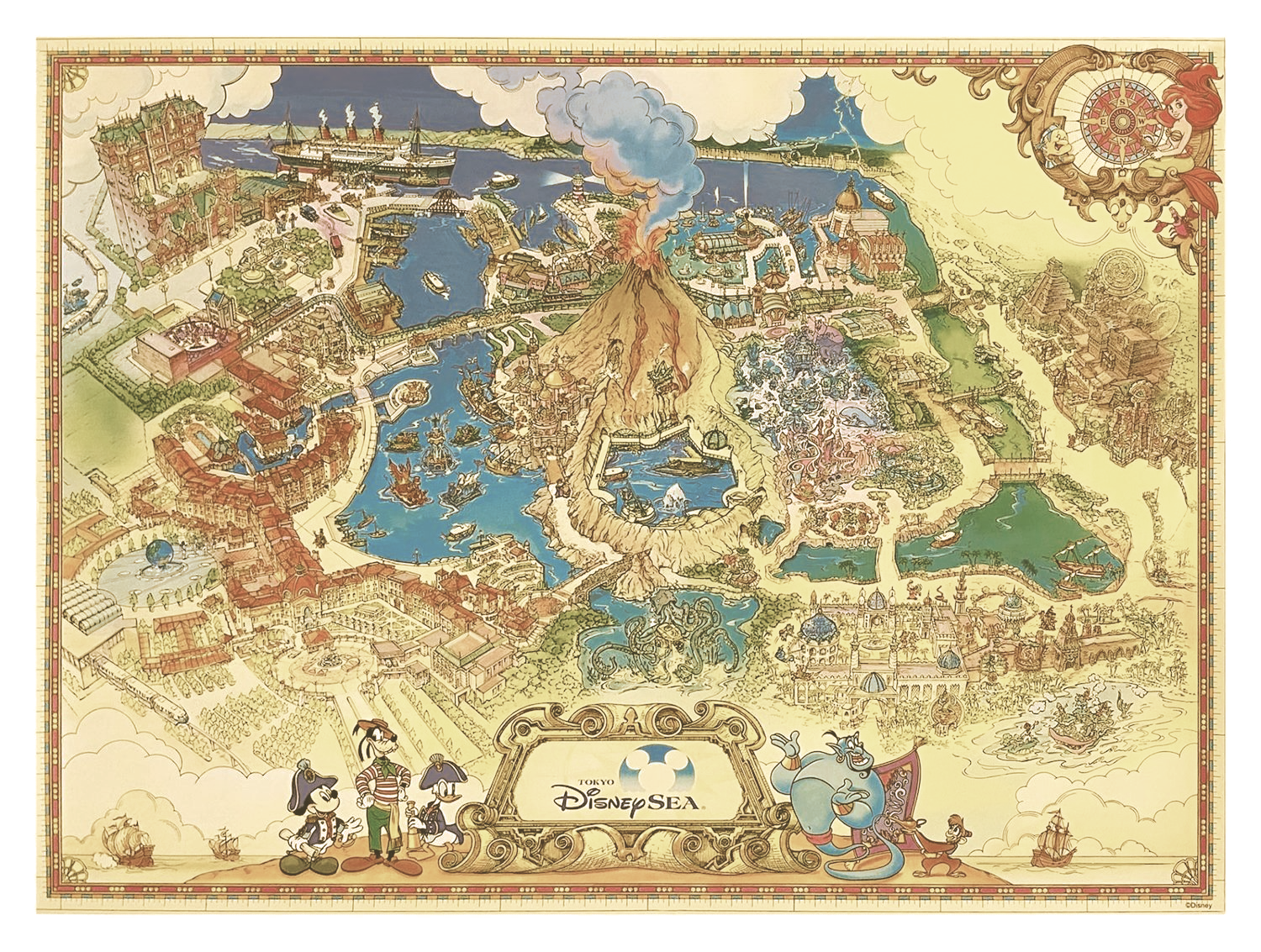 Illustrated sepia map of DisneySea park