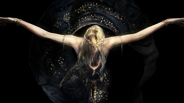 Queen Marika the Eternal suspended within the Erdtree.
