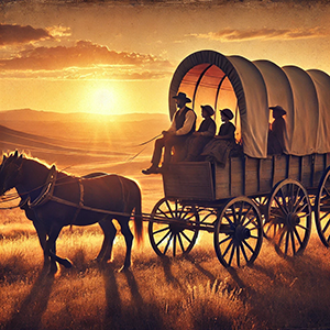 Family in covered wagon riding into the sunset.
