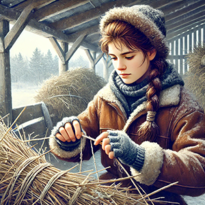 Rendition of Laura braiding hay for her family to burn for warmth and fuel.