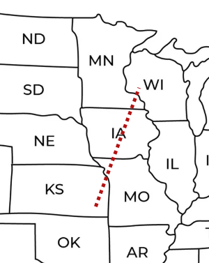 Red dotted-line from Pepin, Wisconsin to Independence, Kansas.