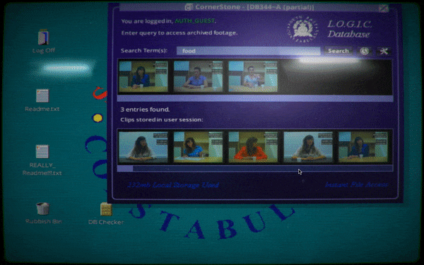 A gif of the game Her Story and the process of changing the settings so that the stylistic glare on the screen is reduced.
