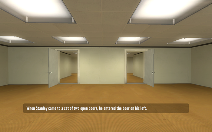 A screenshot of The Stanley Parable which shows the nice contrast between the captions and the game.
