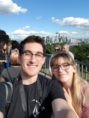 A photo of Jorge and Kylie in front of the Space Needle.