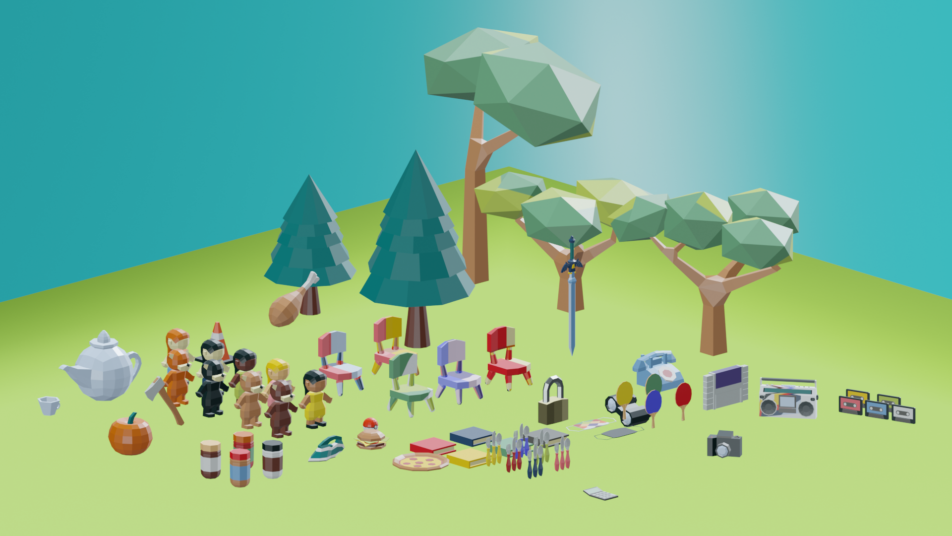 render of many lowpoly style 3D objects