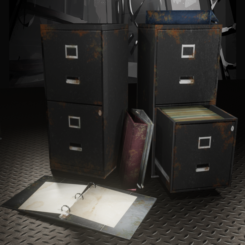render of 2 file cabinets and some binders.