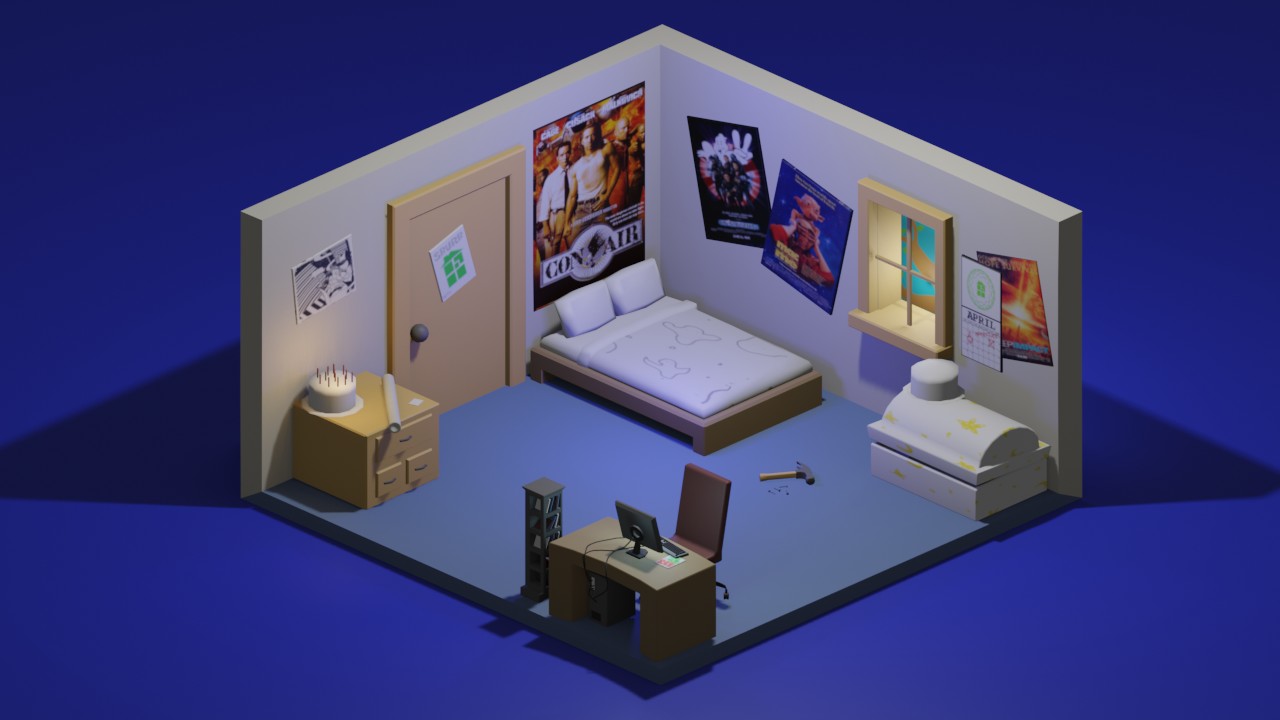 low poly render of John Egbert's bedroom from the webcomic 'Homestuck'