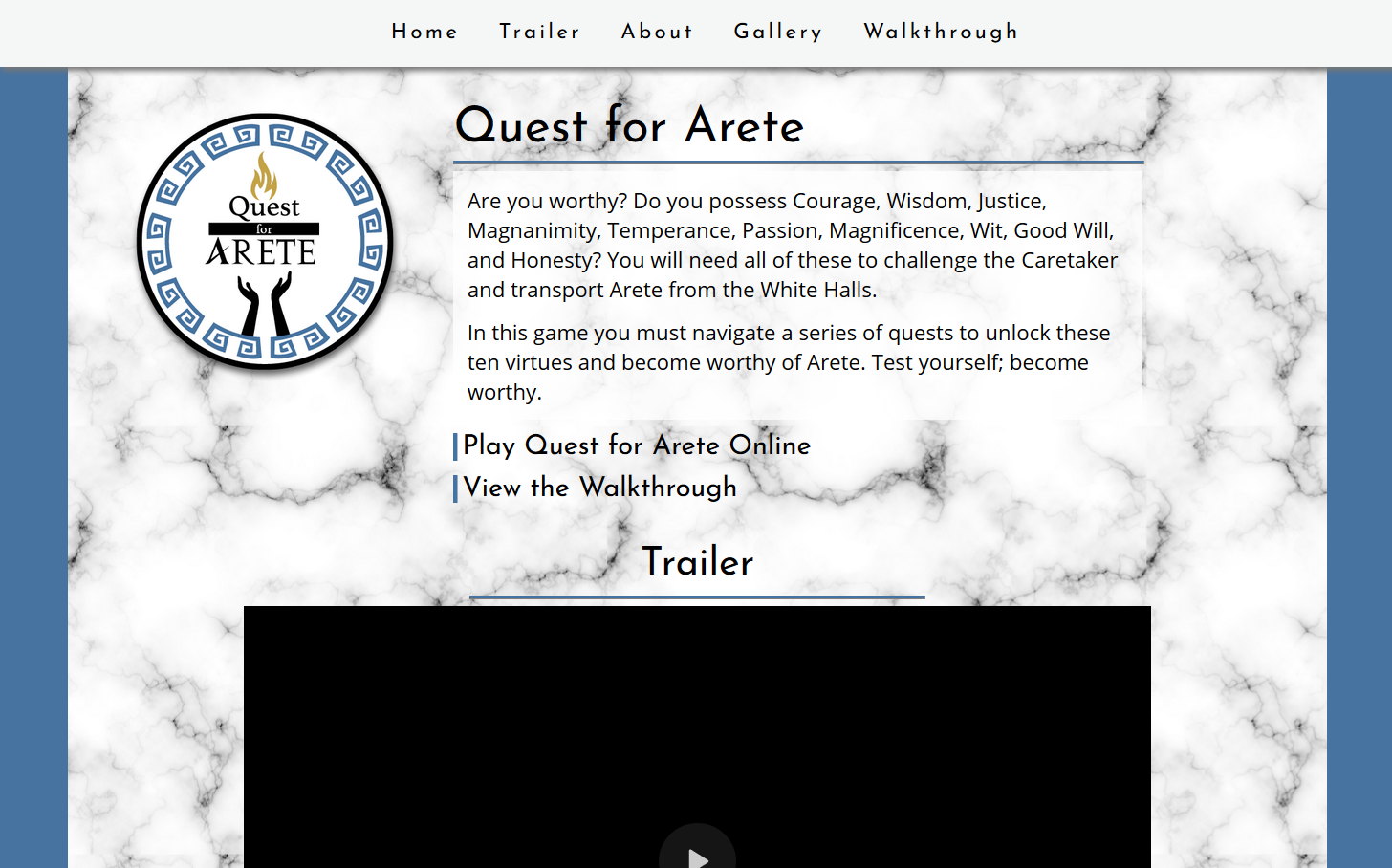 screenshot of the Quest for Arete website landing page as of 4/2/21