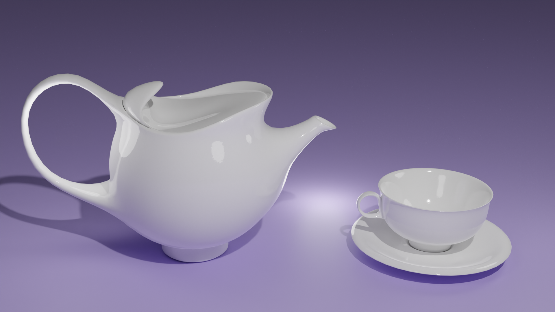 3D rendering of white ceramic teapot and teacup with saucer.