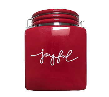 Red cookie jar that says joy