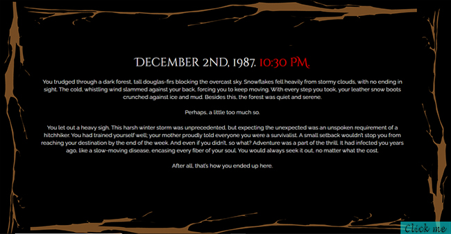 A clickable picture of a website that is all black with red and white lettering that says the title.