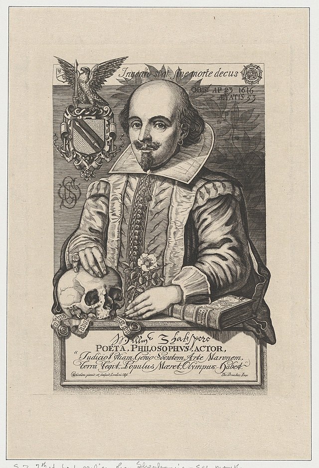 A portrait of William Shakespear holding a skull and flower with text underneith portrait
