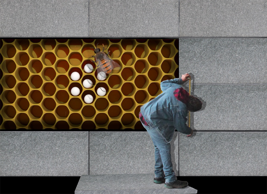 Chris Dreger measuring the wall with honeycomb projection and bees