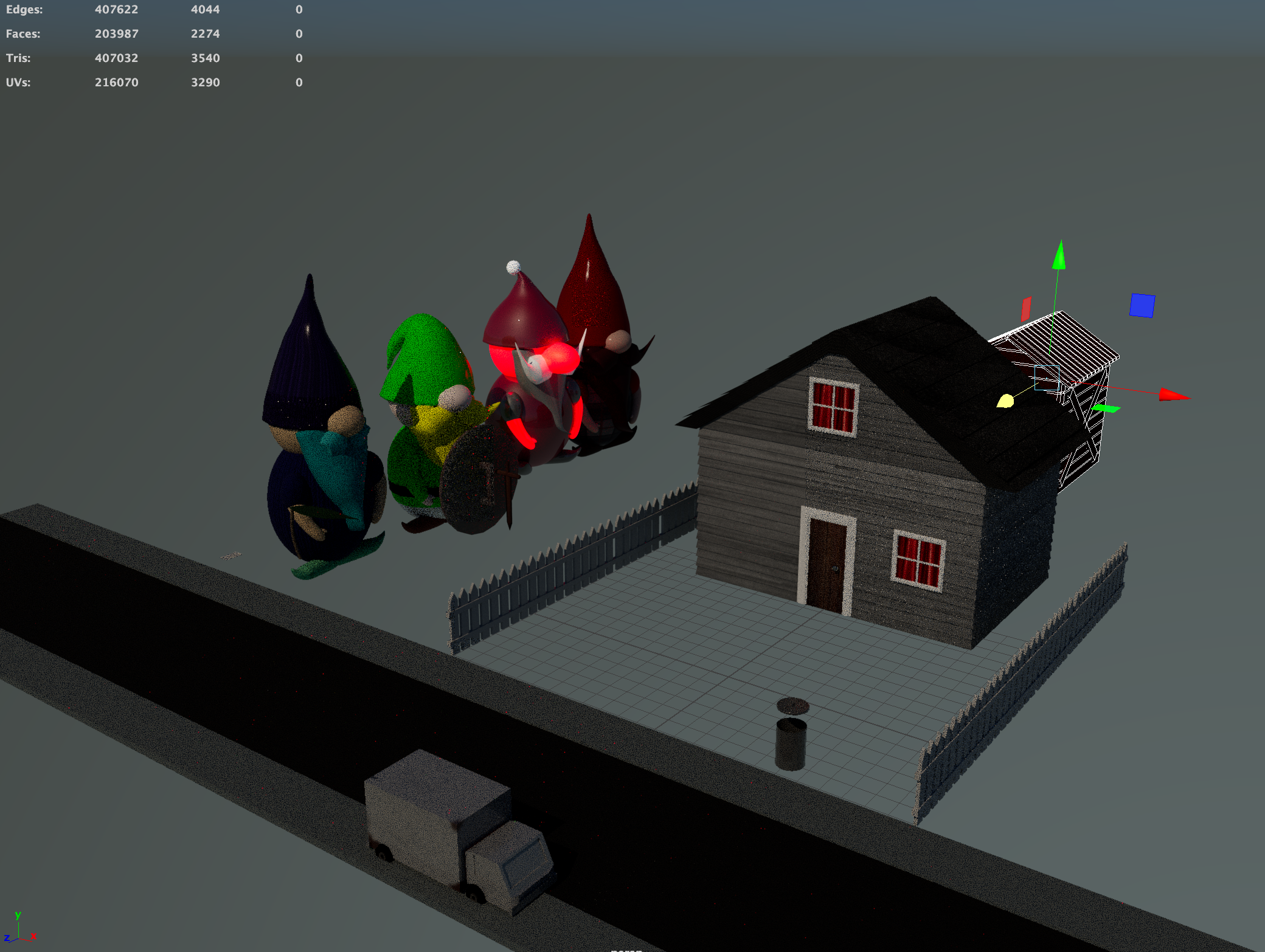 Screenshot of models inputed into scene for short film 'The Way Gnome'