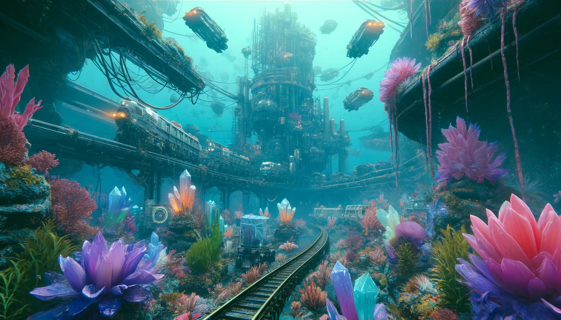 railroad tracks and a train under water with crystals and structures surrounding it