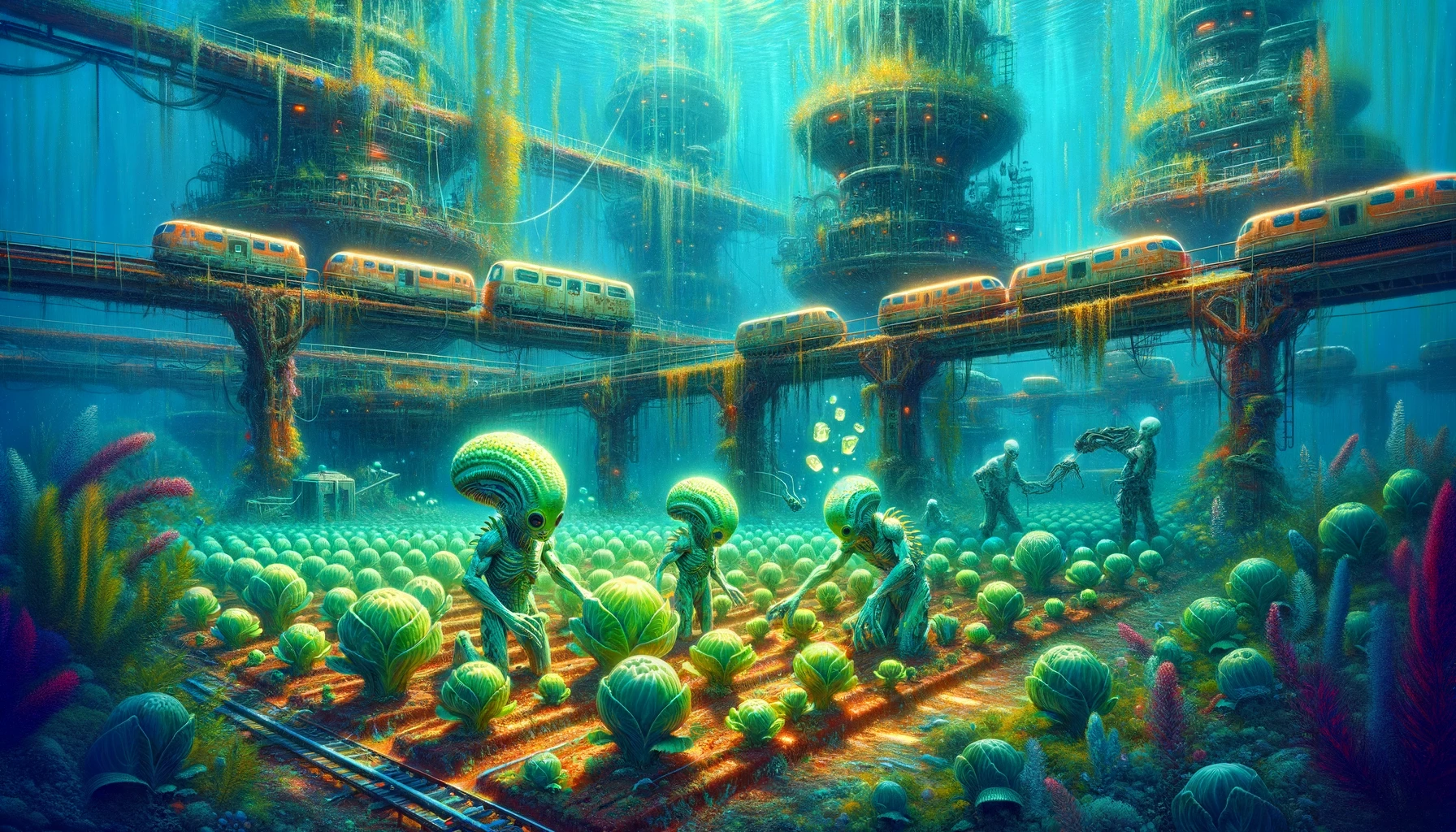 aliens underwater, gardening cabbage