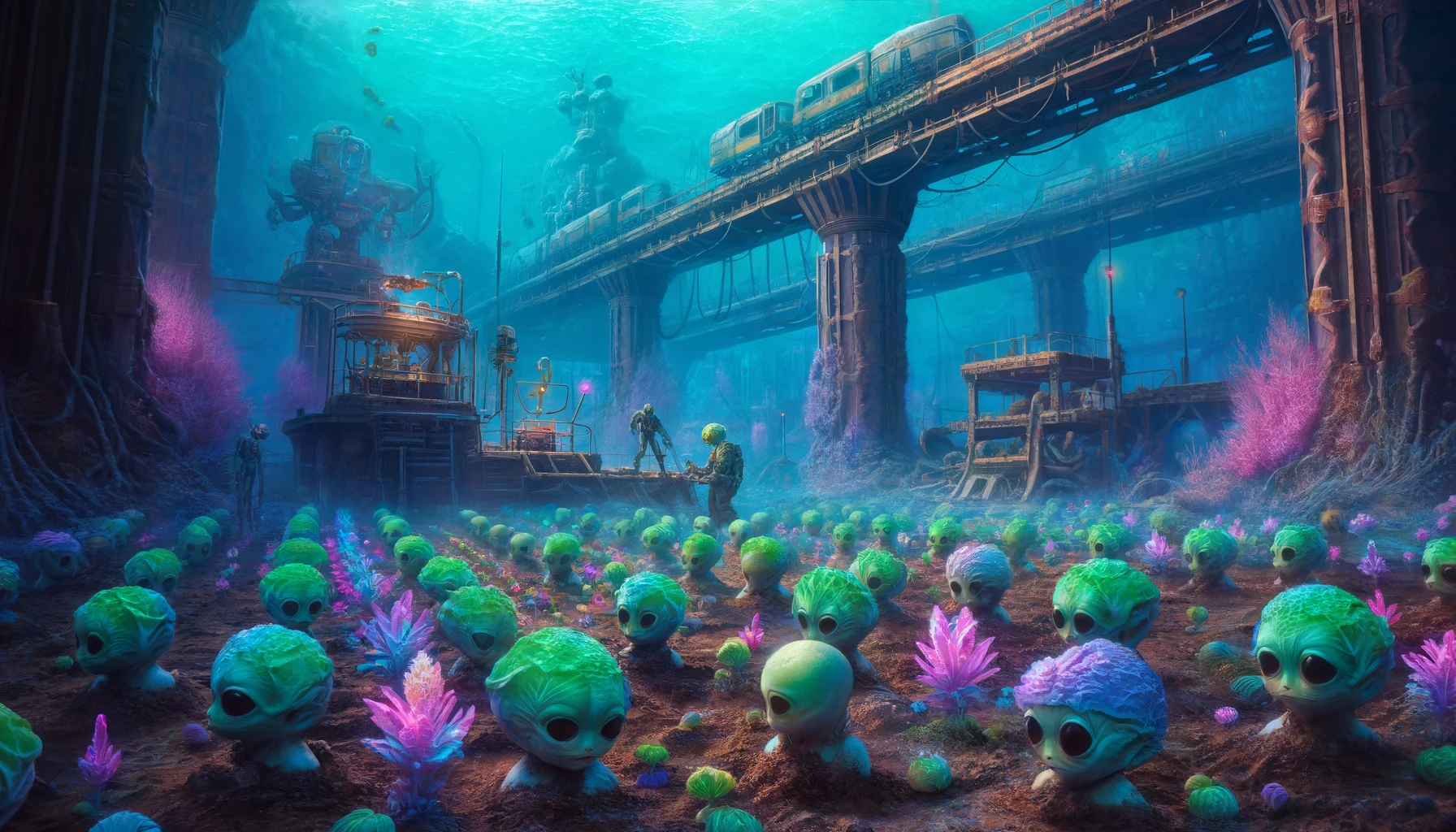 aliens under water, gardening in a field of alien and cabbage hybrids that are growing out of the ground with run-down metal structures in the background