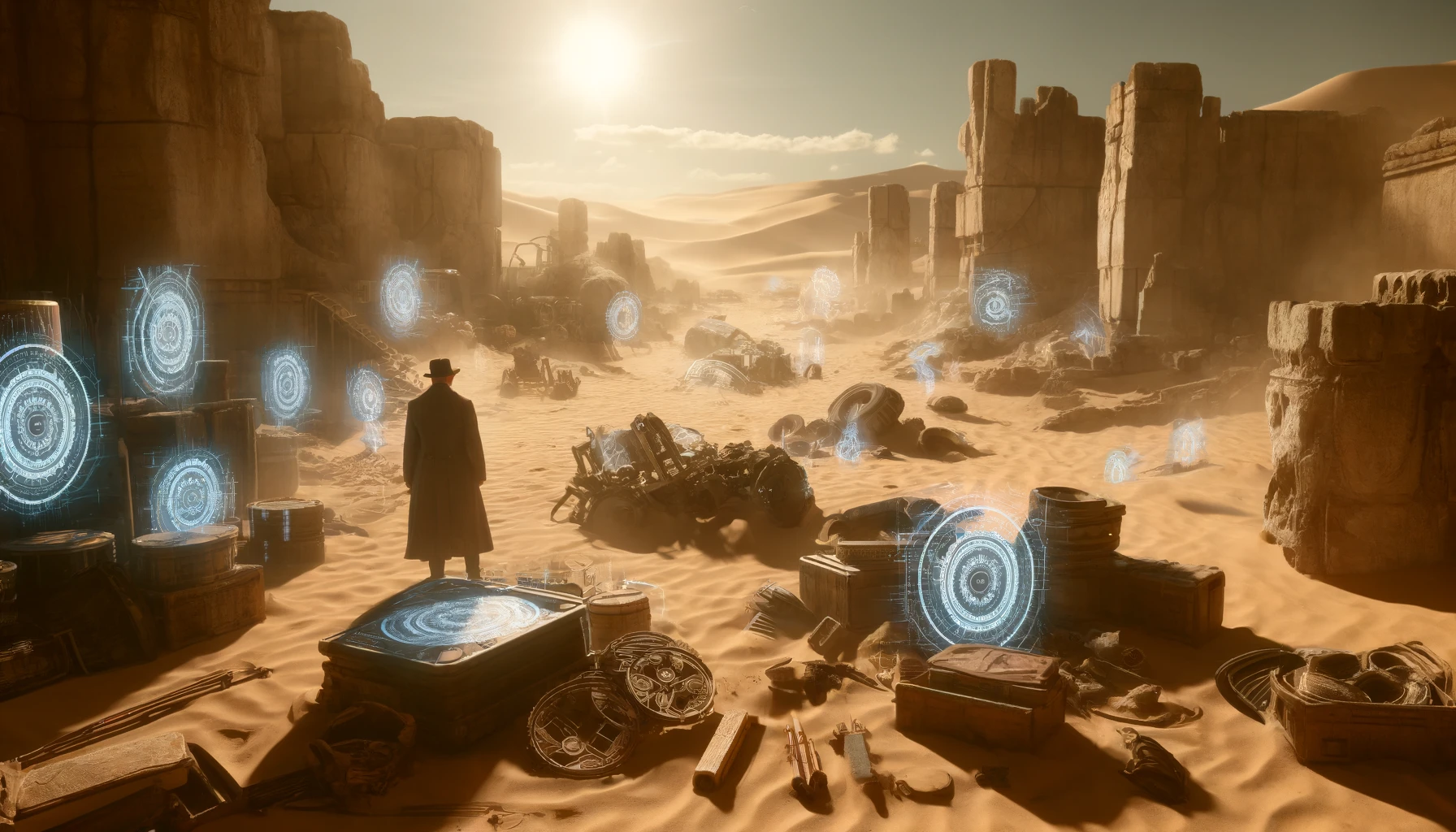 man in desert with blue holographic screens surrounding him, looking into the distance