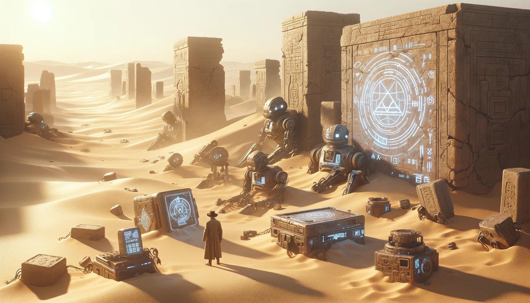 man in desert with blue holographic screens and buried robots surrounding him, looking into the distance