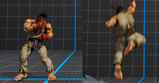 On the left, Guile is crouching in order to 'charge' up a Flash Kick. On the right, Guile is performing a flash kick.