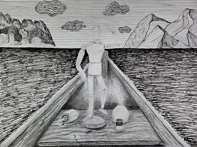 Pen & graphite boat landscape