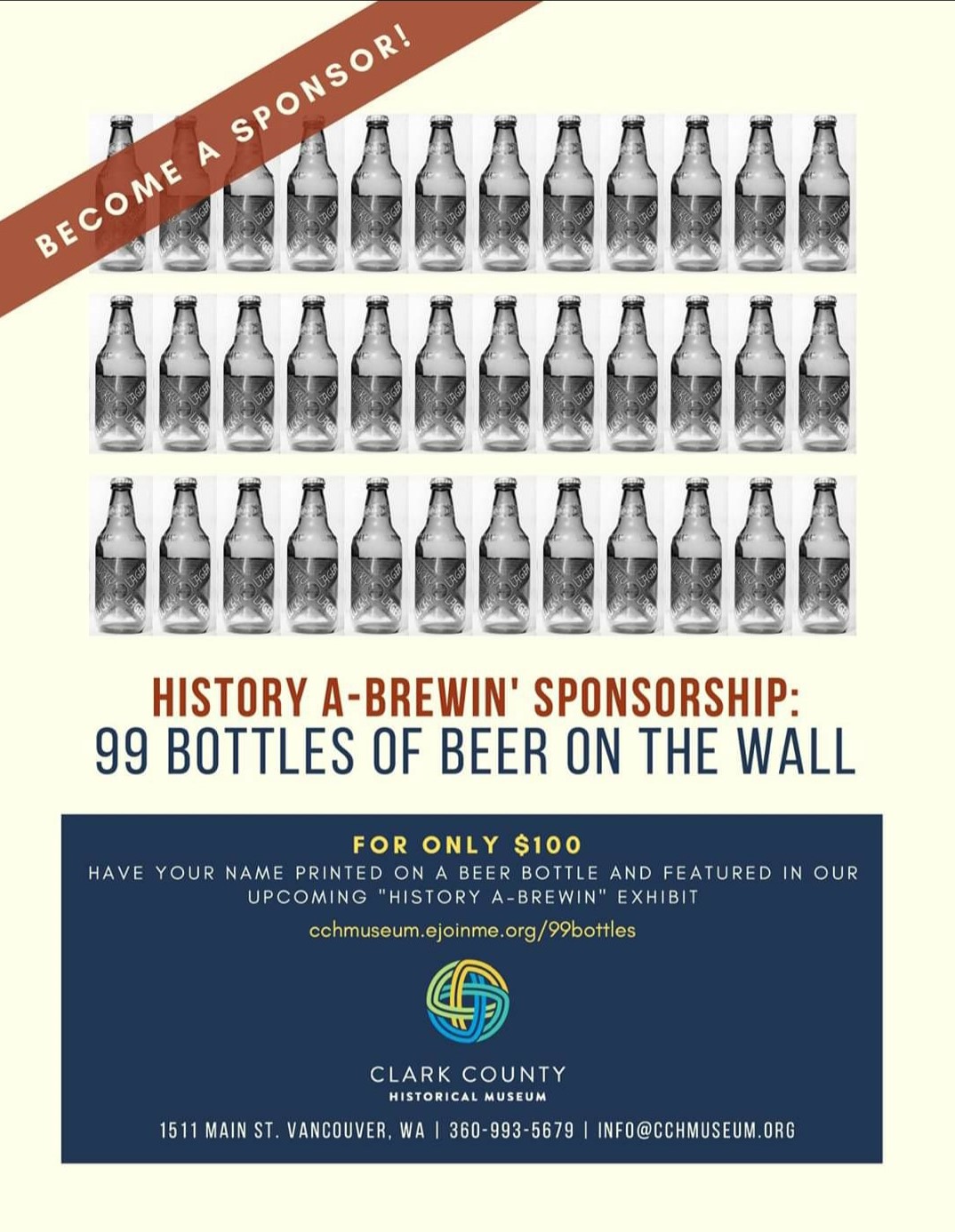 History on Tap Sponsorship digital poster, three rows of bottled beer with blue box and text at bottom