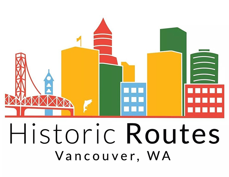 Digital logo, with green, red, yellow, and blue skyline of Downtown Vancouver. Black text “Historical Routes” below.