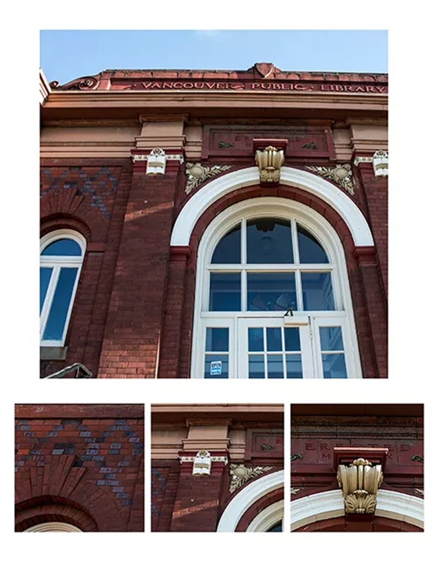 Outside of Clark County Historical Museum brick building with large window, three smaller images below of brick detailing
