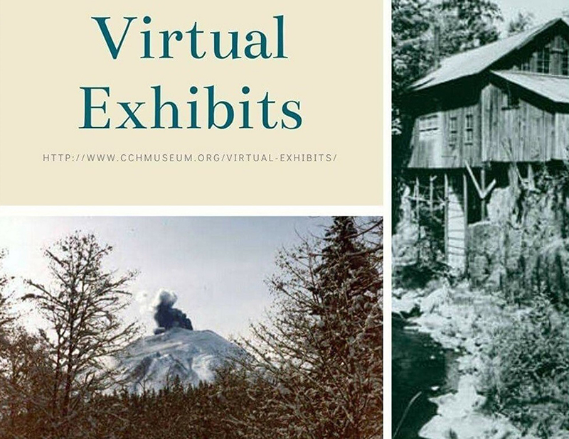 Three panels, left text “Virtual Exhibits”, left bottom of mountain through trees, right greyscale of water & wood building