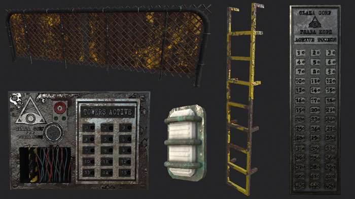 3D models of bunker wall panels, a ladder, and a light fixture