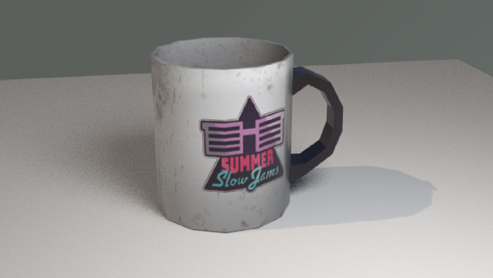 3D model of a white coffee mug with the Summer Slow Jam logo on it
