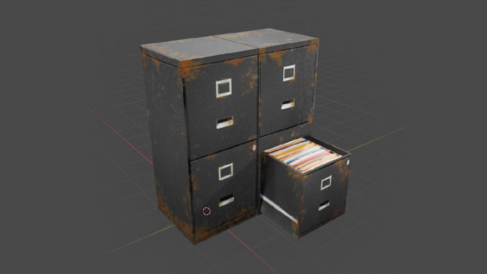 3D model of two rusted, metal filing cabinets with three drawers