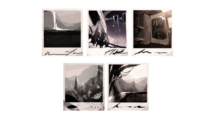 Five illustrated polaroid pictures of in-game locations