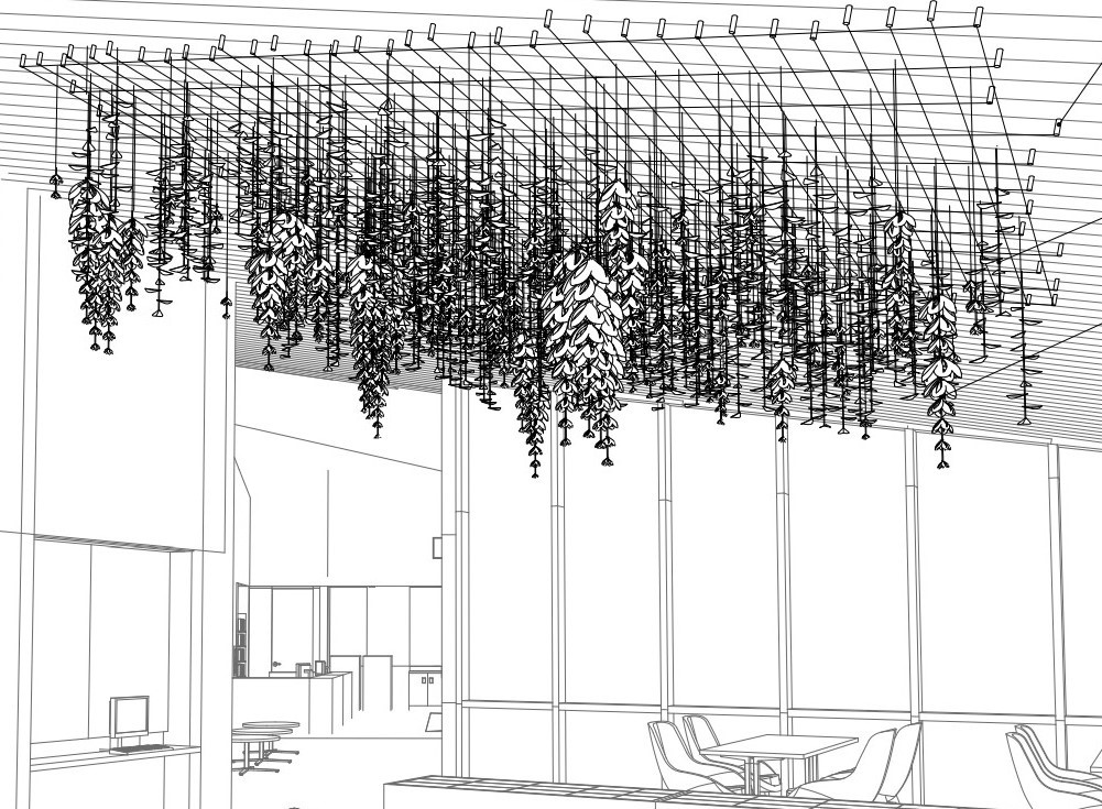 A sketch of the data sculpture hanging from the ceiling in a reading room