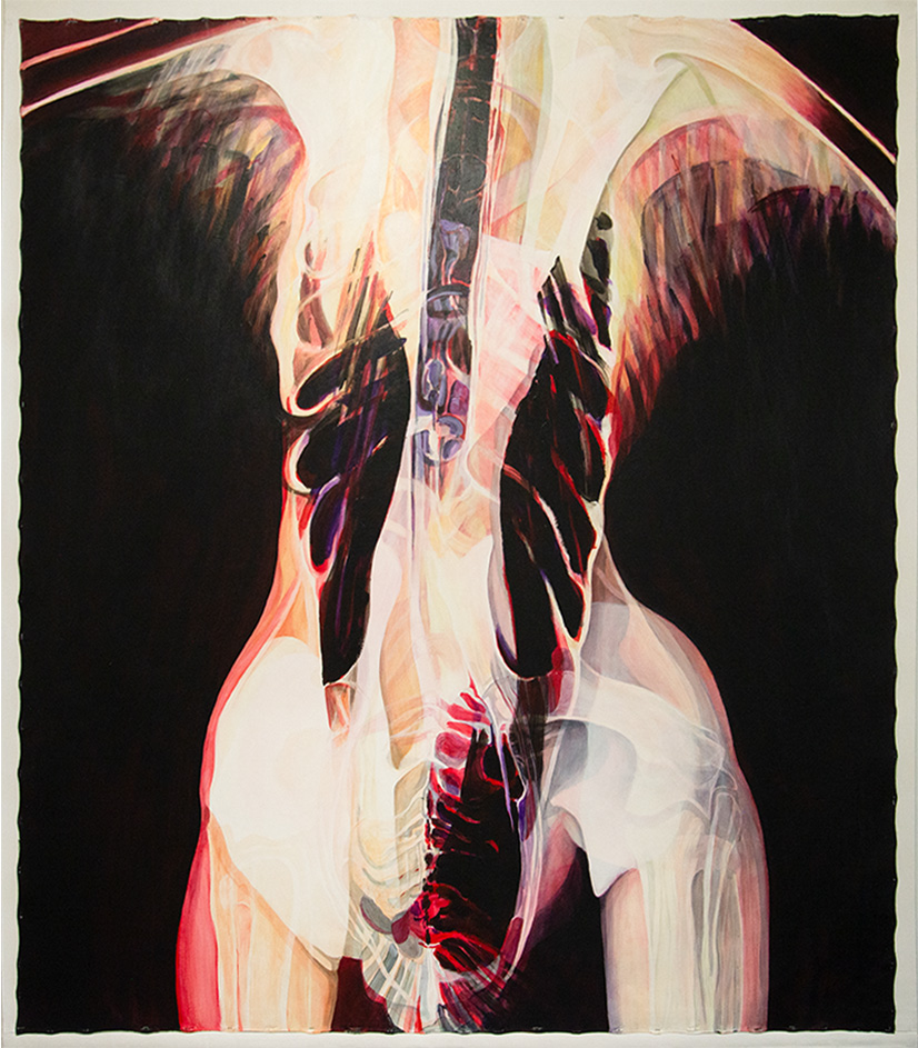 Mixed anatomical illustration of a dancer with layered bones and muscles, titled DANCER/MANDARIN CRANE by Jo Hockenhull